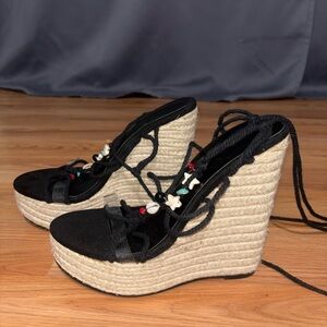 PrettyLittleThing Black Lace-Up Espadrille Wedge Sandals with Bead Accents